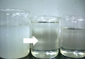 処理前の原水（写真左）、処理後の中水（写真中央）、比較用の上水（写真右）